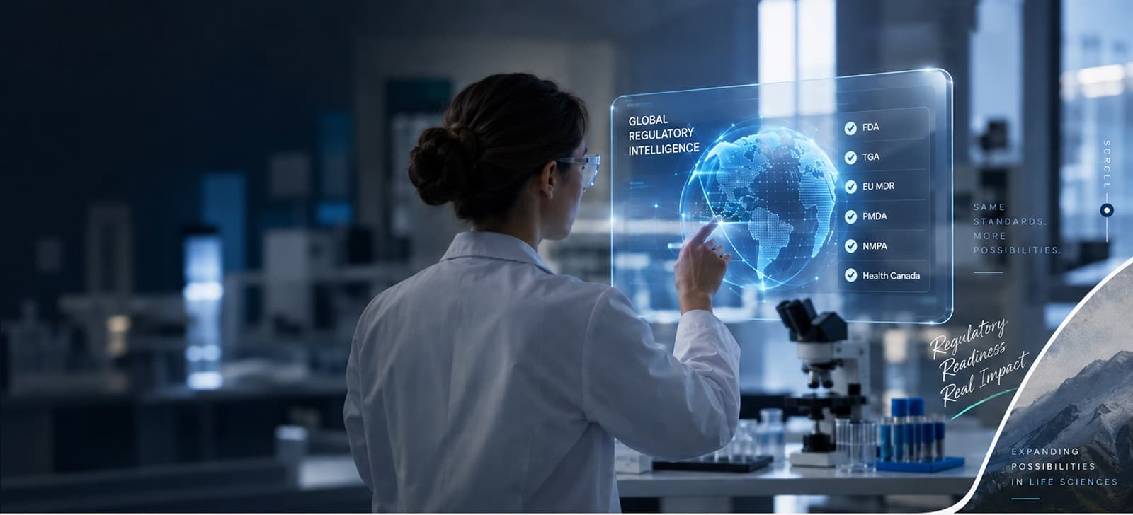 Scientist reviewing a global regulatory intelligence map covering FDA, TGA, EU MDR, PMDA, NMPA and Health Canada
